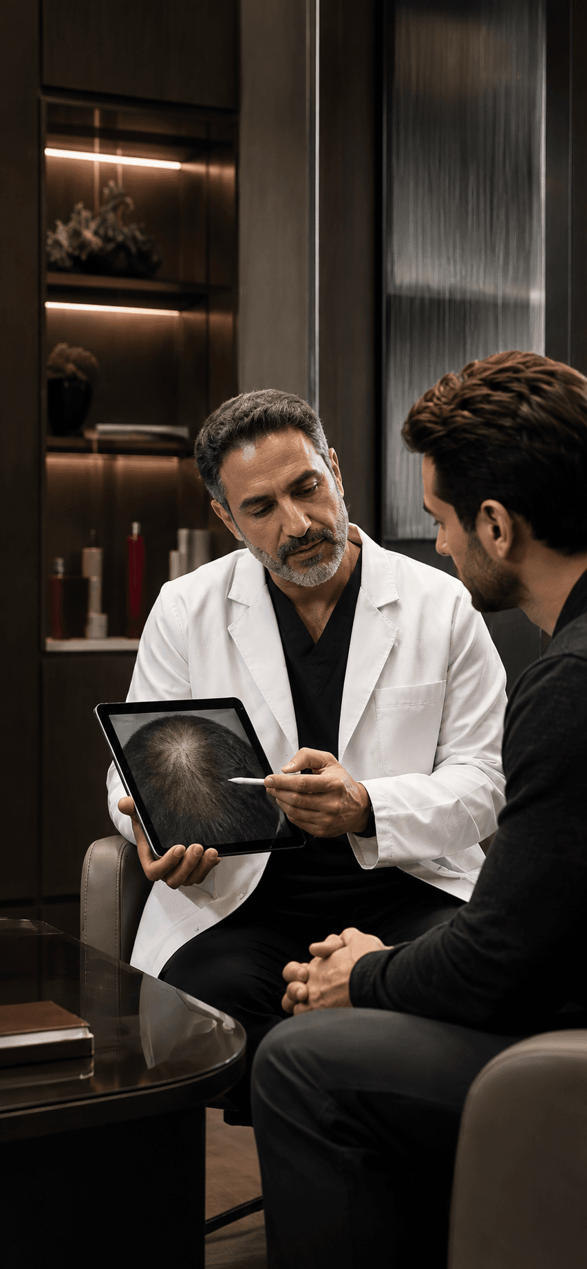 Hair restoration doctor consulting with a patient